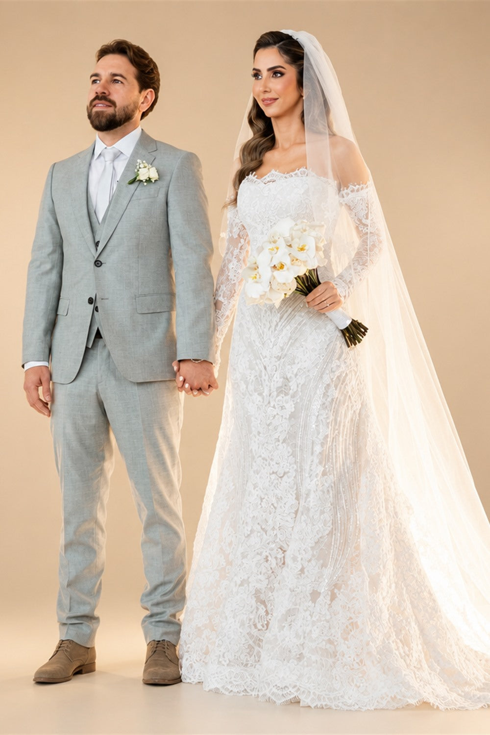 White Beaded Lace Bridal Gown with Off Shoulder Long Sleeves ZP203