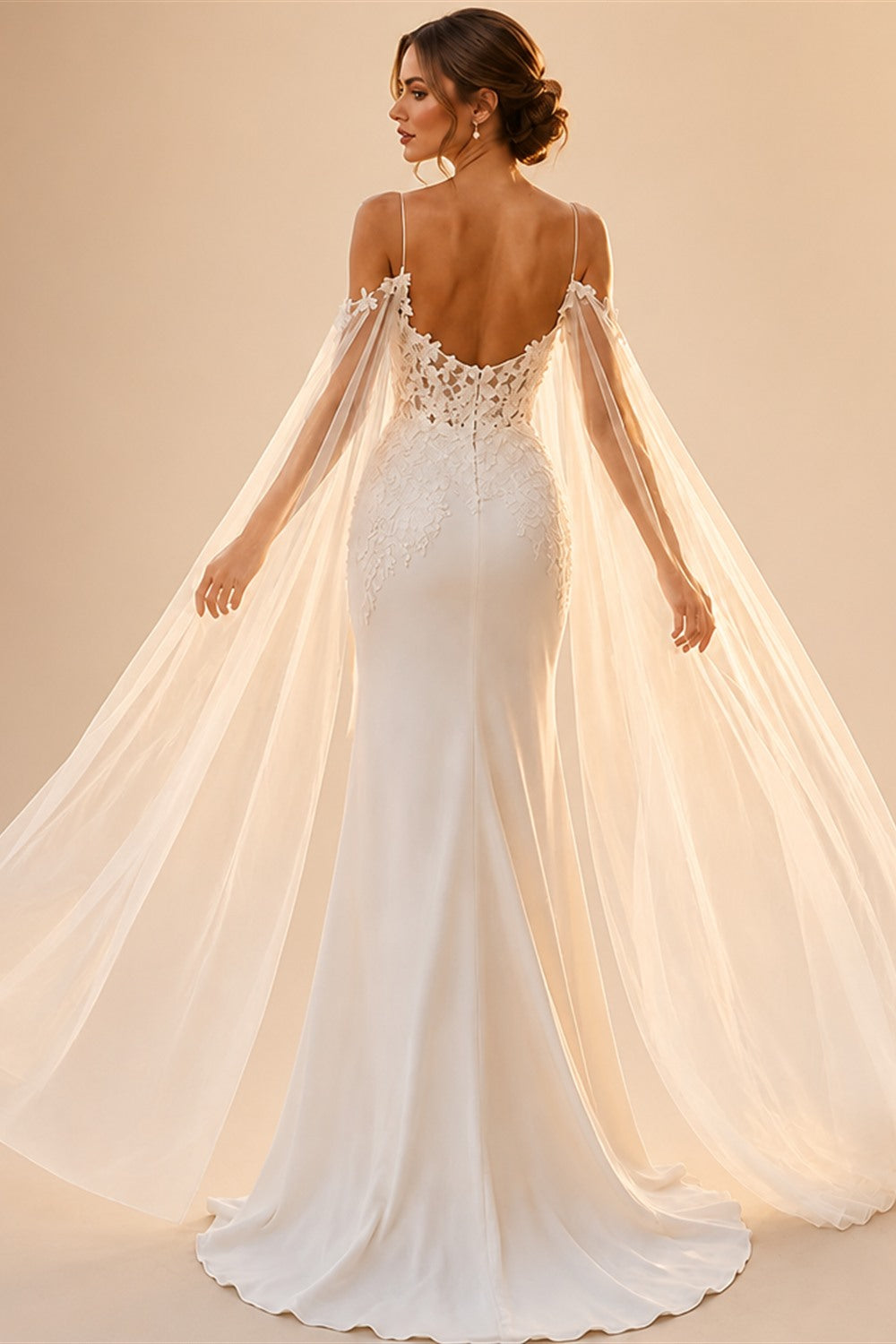 Romantic Spaghetti Strap Wedding Dress Lace Mermaid Bridal Gowns Detachable Tulle Cape Wedding Gowns Vestido De Novia Customized
