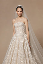 Regal Champagne Strapless Allover Lace Ball Gown Wedding Dress with Veil ZP081