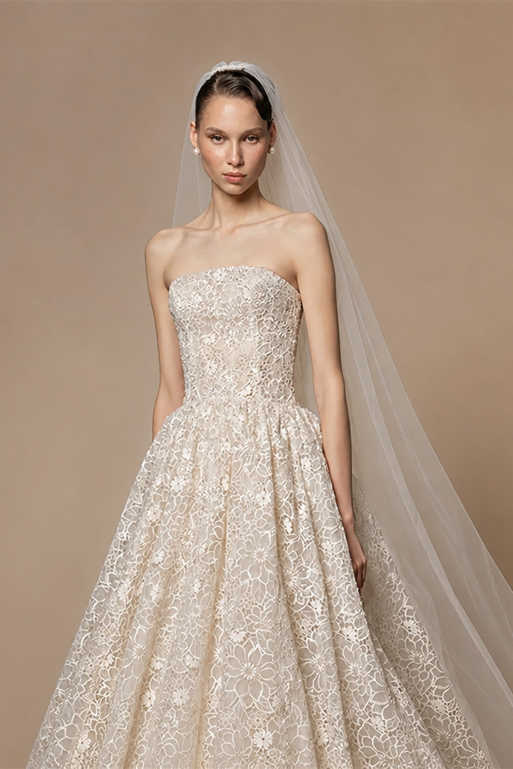 Regal Champagne Strapless Allover Lace Ball Gown Wedding Dress with Veil ZP081