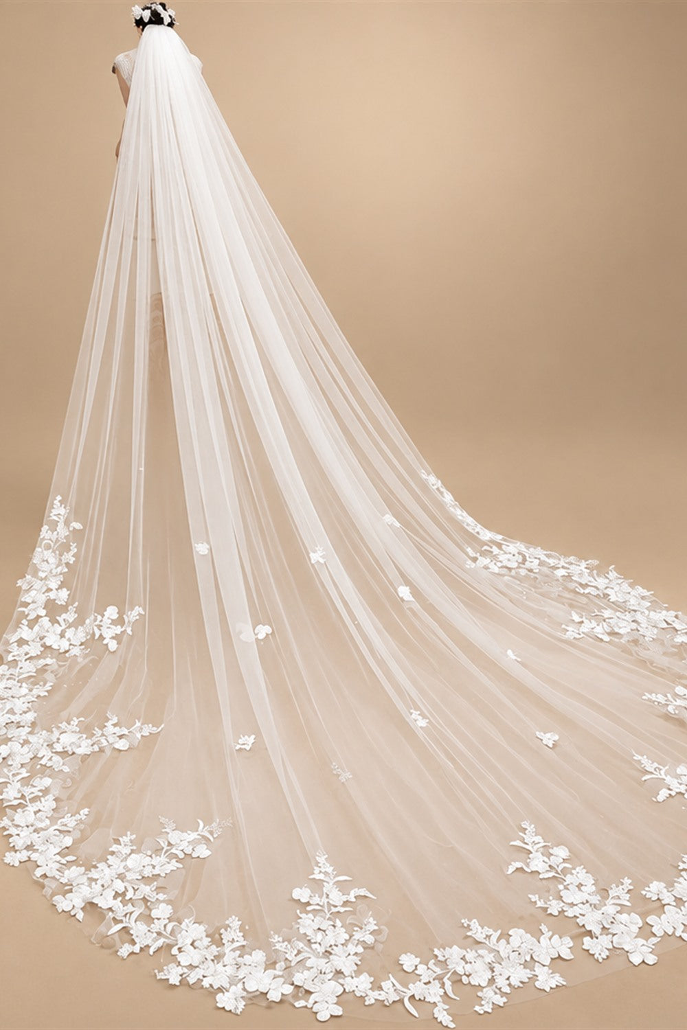 One Layer Cathedral Wedding Veil 3m/4m/5m White Lace Edge Bridal Veil with Comb Ivory Appliqued Real Photo 3m 4m 5m