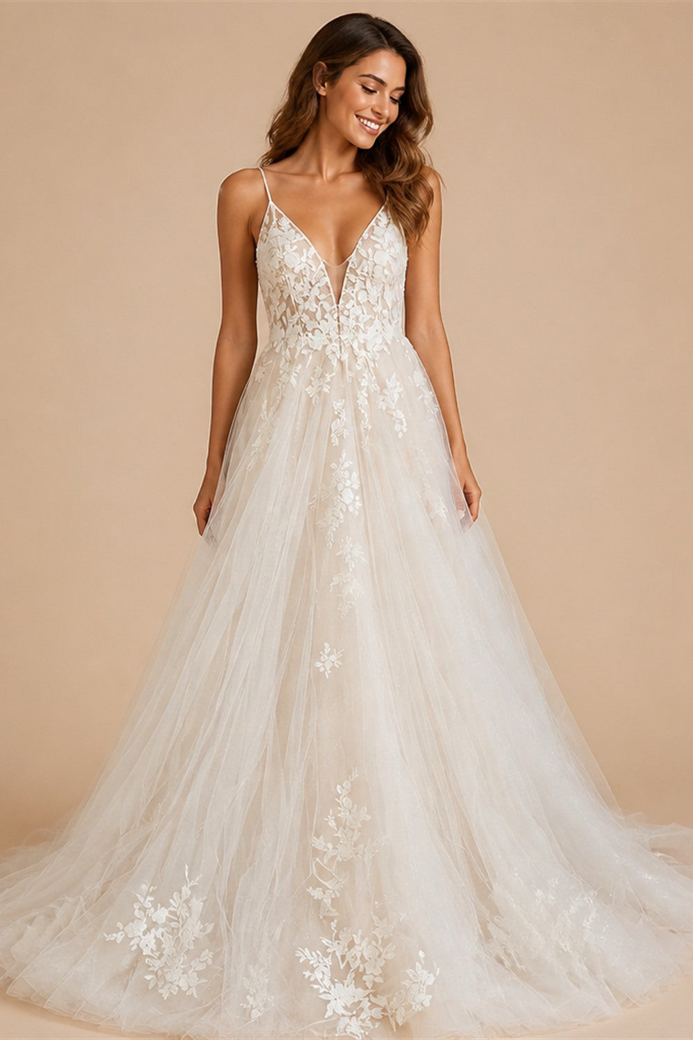 Vintage Lace Spaghetti Straps V Neckline Beach Wedding Dress Custom Made