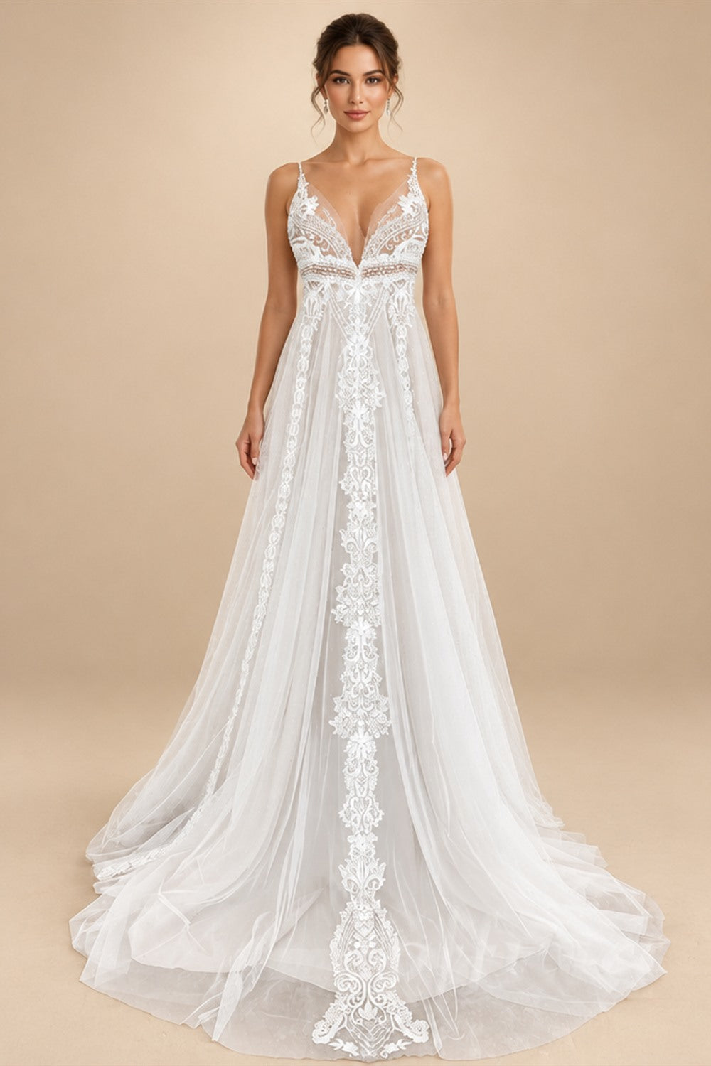 Custom Boho Lace Beach Wedding Dress V Neck Open Back Spaghetti Straps Gown