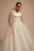 Luxury White Square Neck Beaded Floral Lace Ball Gown Wedding Dress with Veil ZP082