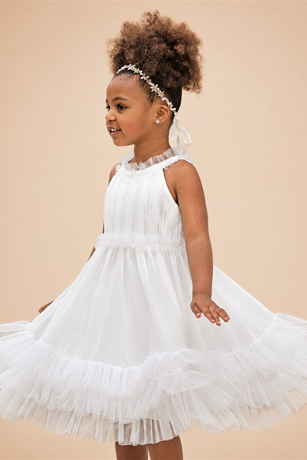 Ivory Chiffon Tulle Knee Length Sleeveless Ruffled Flower Girl Dress