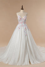 Glamorous White Floral Applique A-Line Tulle Wedding Dress with Train ZP066