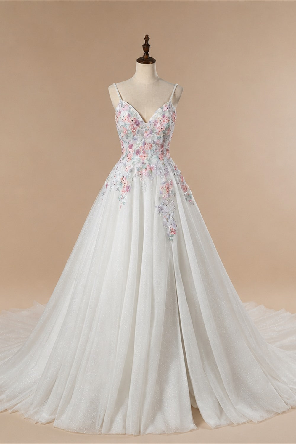 Glamorous White Floral Applique A-Line Tulle Wedding Dress with Train ZP066