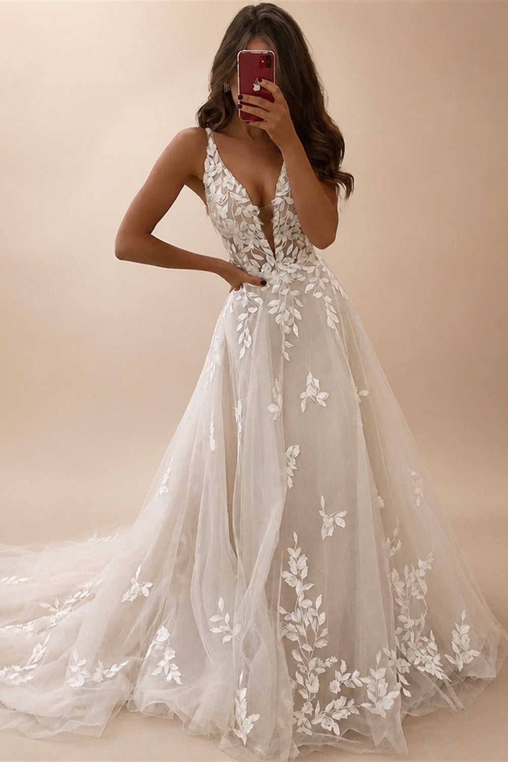 LORIE Boho Lace Elegant Wedding Dresses Low-Cut V-Neck Applique Bride Gowns Princess Spaghetti Strap Bridal Gown PartyCustomized