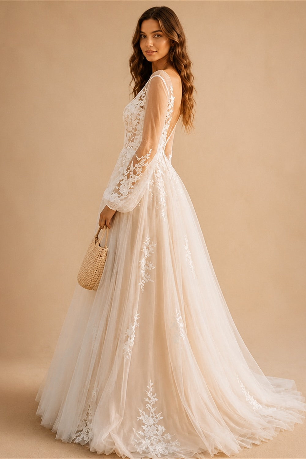 Romantic Puff Long Sleeve Boho Wedding Dress Low Open Back Tulle Bridal Gowns A Line Lace Applique Wedding Gowns Customized