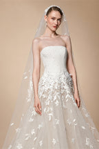 Dreamy Ivory Strapless Floral Lace Mermaid Train Wedding Dress with Veil ZP083