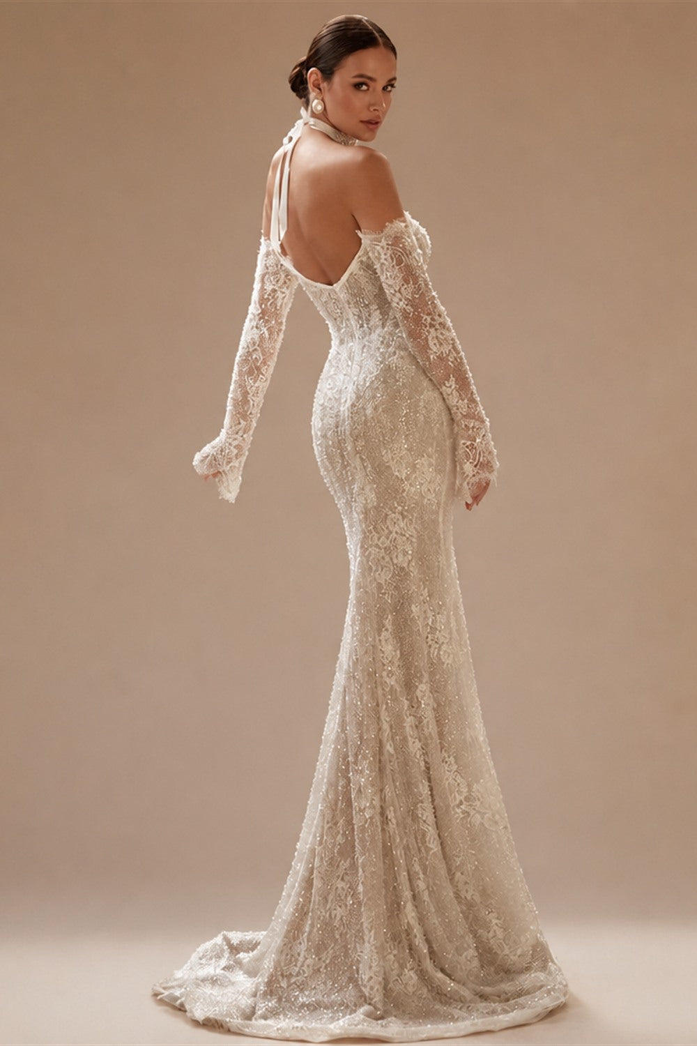 Lceland Poppy Customized Boat Neck Illusion Lace Mermaid Wedding Dresses Full Sleeves Beaded Bridal Gowns