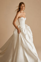 Minimalist Strapless Lace Trim Corset Satin Ball Gown Wedding Dress ZP043
