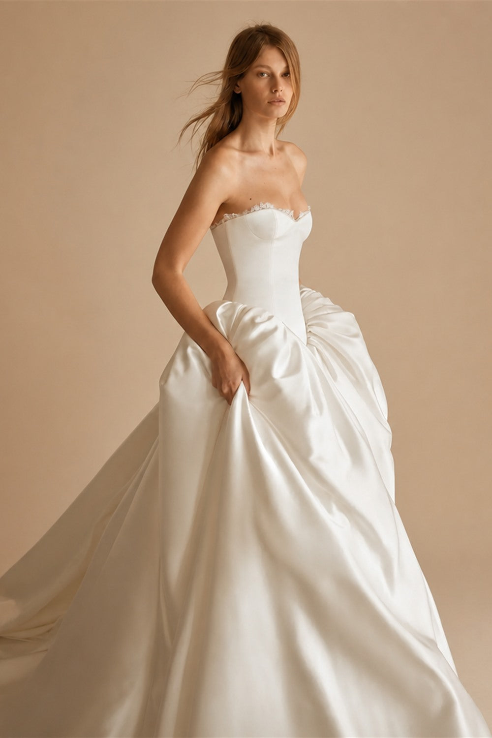 Minimalist Strapless Lace Trim Corset Satin Ball Gown Wedding Dress ZP043