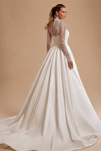 Customized Wedding Dress Vestido De Noiva Fashion High Neck Long Sleeves Top Lace Satin Bridal Gown Sweep TrainRobe Mariee