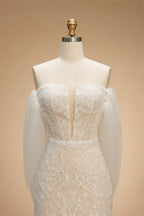 White Nude Lace Mermaid Wedding Dress Luxury Beaded Sequins   Tulle Gloves ZP032