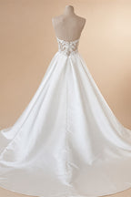 Simple White Satin A Line Wedding Dress Sleeveless Sweetheart Gown