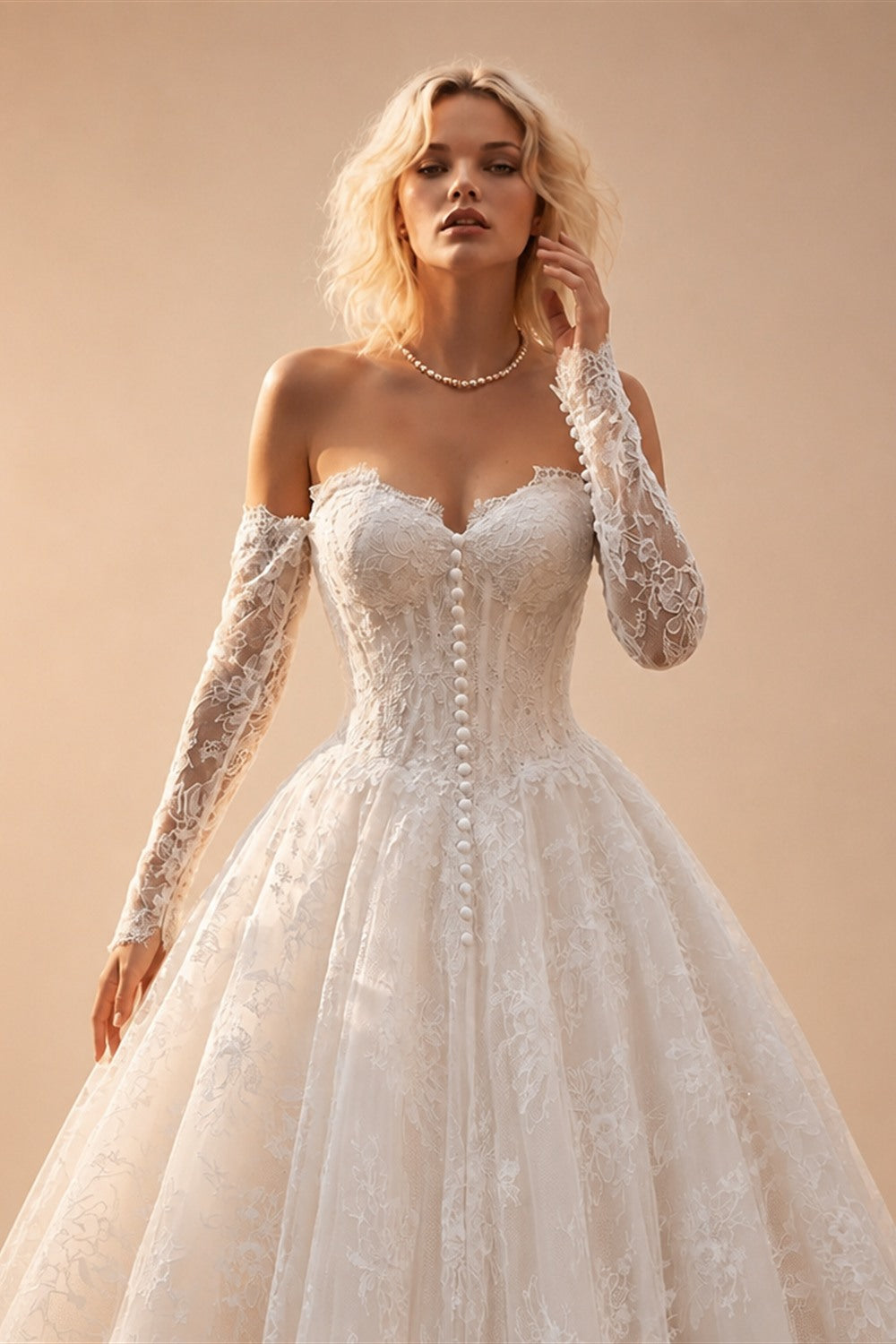 White Floral Lace Ball Gown Wedding Dress with Sweetheart Neckline and Detachable Long Sleeves ZP015