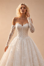 White Floral Lace Ball Gown Wedding Dress with Sweetheart Neckline and Detachable Long Sleeves ZP015