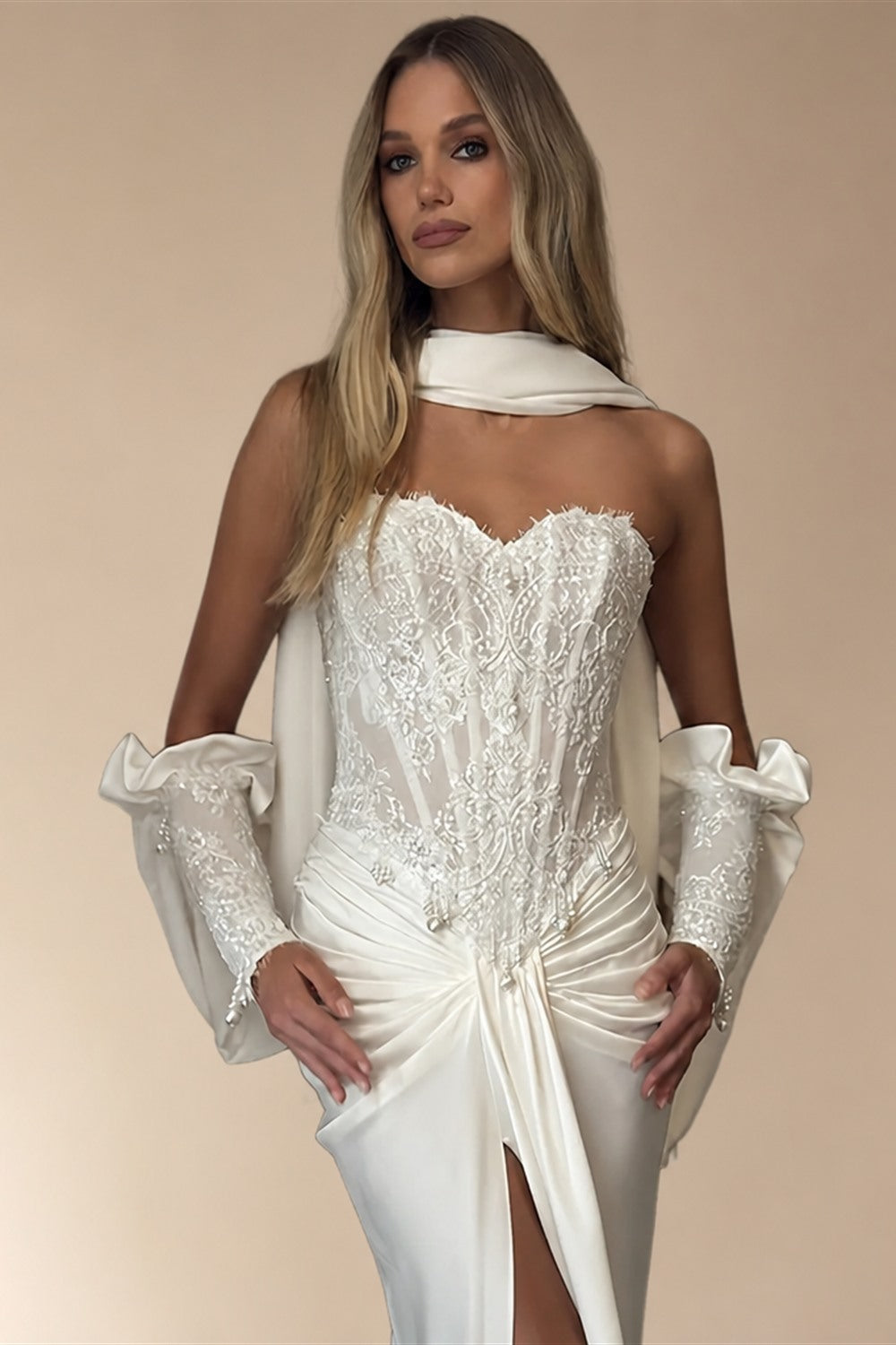 Modern White Strapless Satin High Slit Mermaid Wedding Dress with Scarf ZP093