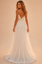 Elegant Deep V Spaghetti Strap Boho Wedding Dress Cutout Chiffon A Line Bridal Gowns Lace Wedding Gowns Beach Customized