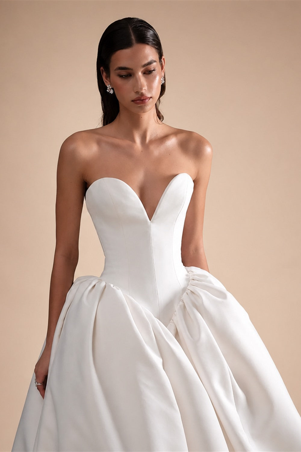 Luxury White Satin Deep V Strapless Ball Gown Wedding Dress ZP147