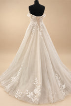 Custom Off Shoulder Wedding Gown With Lace Appliques And Cap Sleeve
