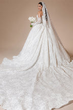 Mocaca Customized Luxury Sequins Lace Applique Ball Gown Wedding Dress Off Shoulder Appliques Long Sleeve Bridal Gown