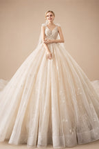 Supper Gorgeous Shiny Crystal Lace Ball Gown Wedding Dress Wih Chapel Train V-neck Bow Shoulder Princess Bridal Dresses