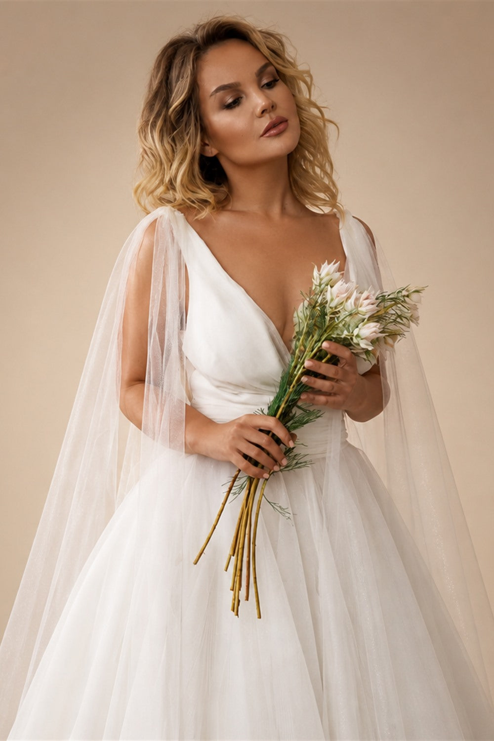 Customized Classic Deep V-neck Organza and Tulle Plus Size Wedding Dress Sexy Backless Court Bridal Gowns