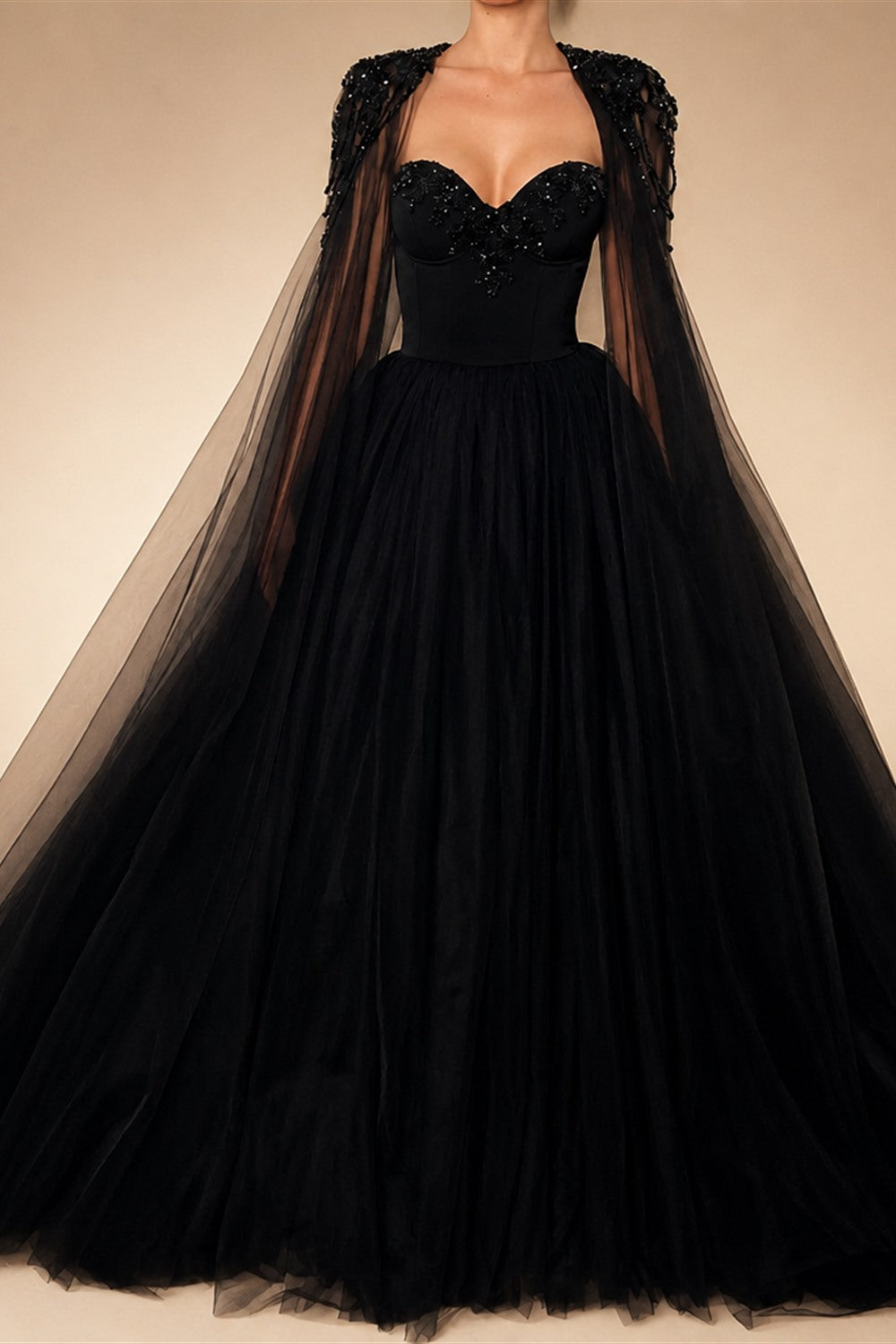 Black Luxury Gothic  Wedding Dress Beaded Tulle Ball Gown With Sheer Beaded Cape ZP028