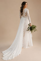 Beach Boho Wedding Dress Lace Long Sleeves Backless Floor Length Robe De Mariee Brides Chiffon A-line Bridal Gowns Sweep Train