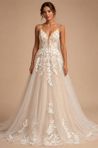 Womens Spaghetti Straps Boho Wedding Dress Lace Bodice Tulle Open Back Gown