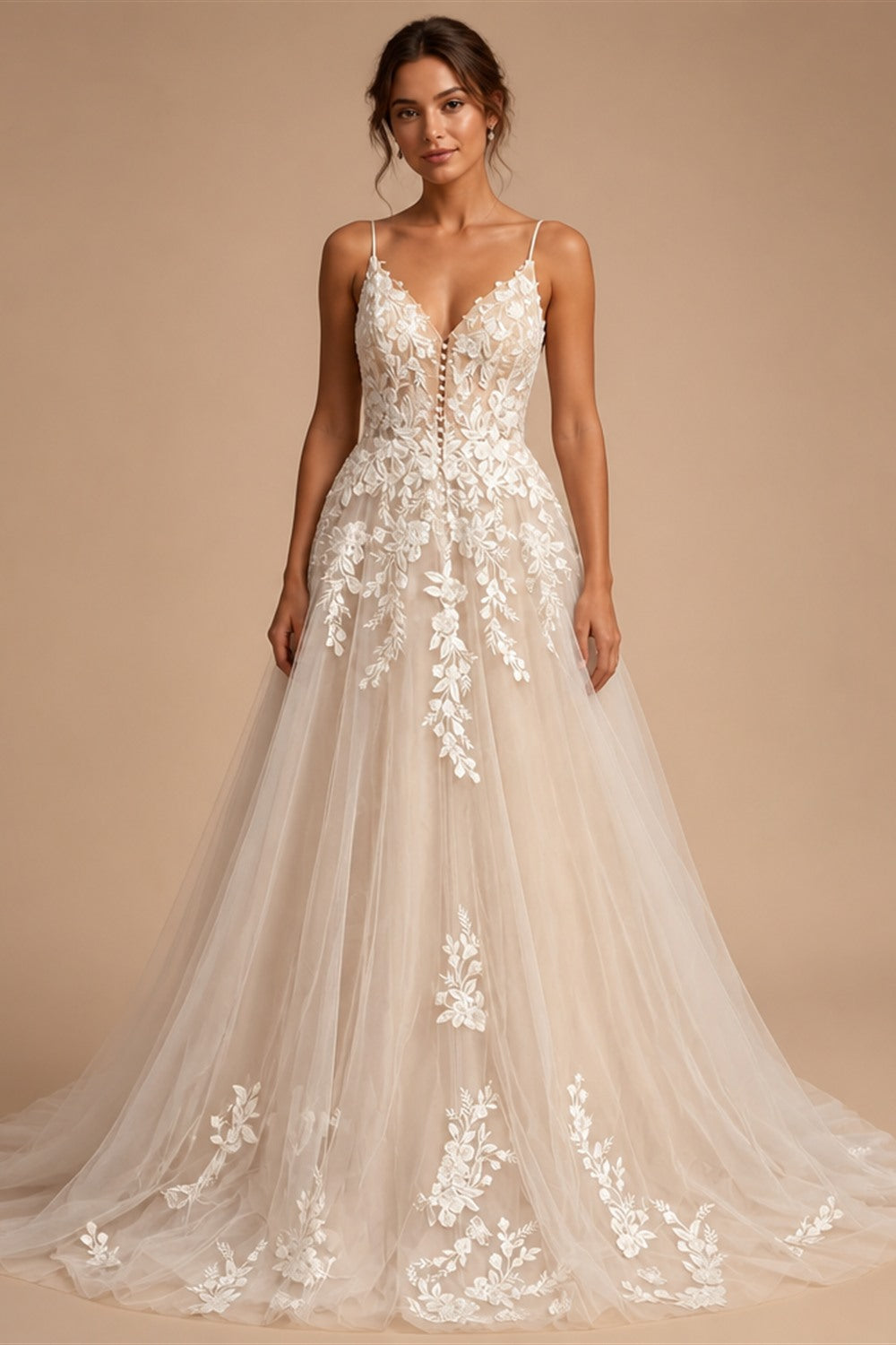 Womens Spaghetti Straps Boho Wedding Dress Lace Bodice Tulle Open Back Gown