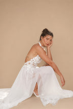 Romantic Halter Neck 3D Floral Lace Sheer Slit Wedding Dress ZP041
