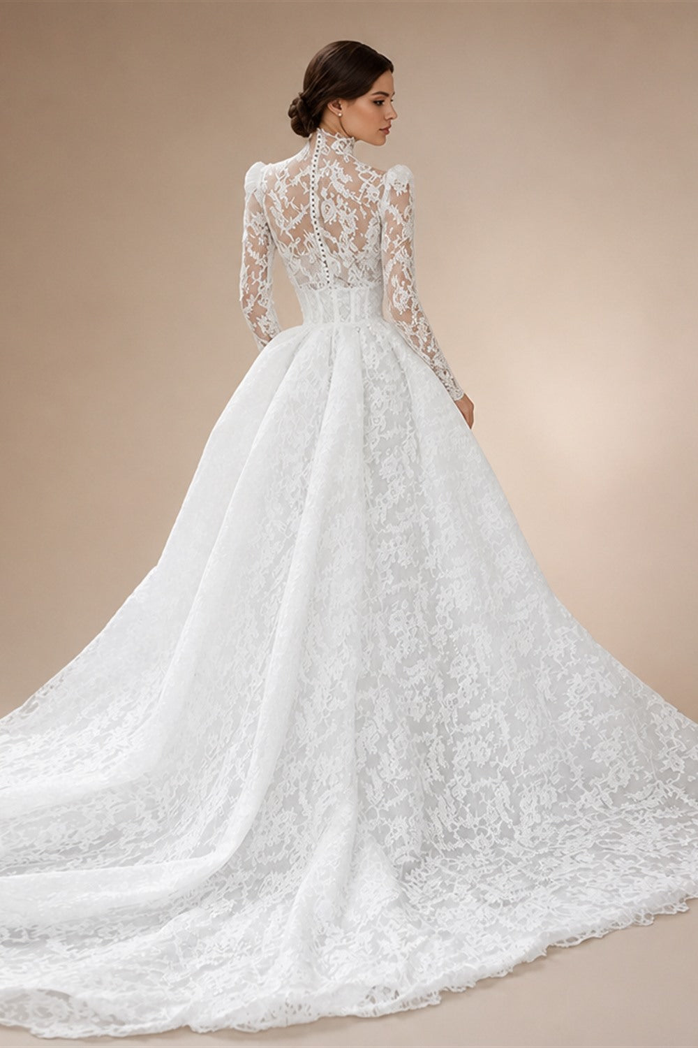Mocaca Customized Luxury High Neck Lace Mermaid Wedding Dress Long Sleeve 2and1Detachable Train Bridal Gown Vestido De Novia