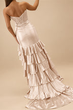 Luxury Crystal Ruffle Removable Off Shoulder Long Mermaid Prom Dress in Champagne