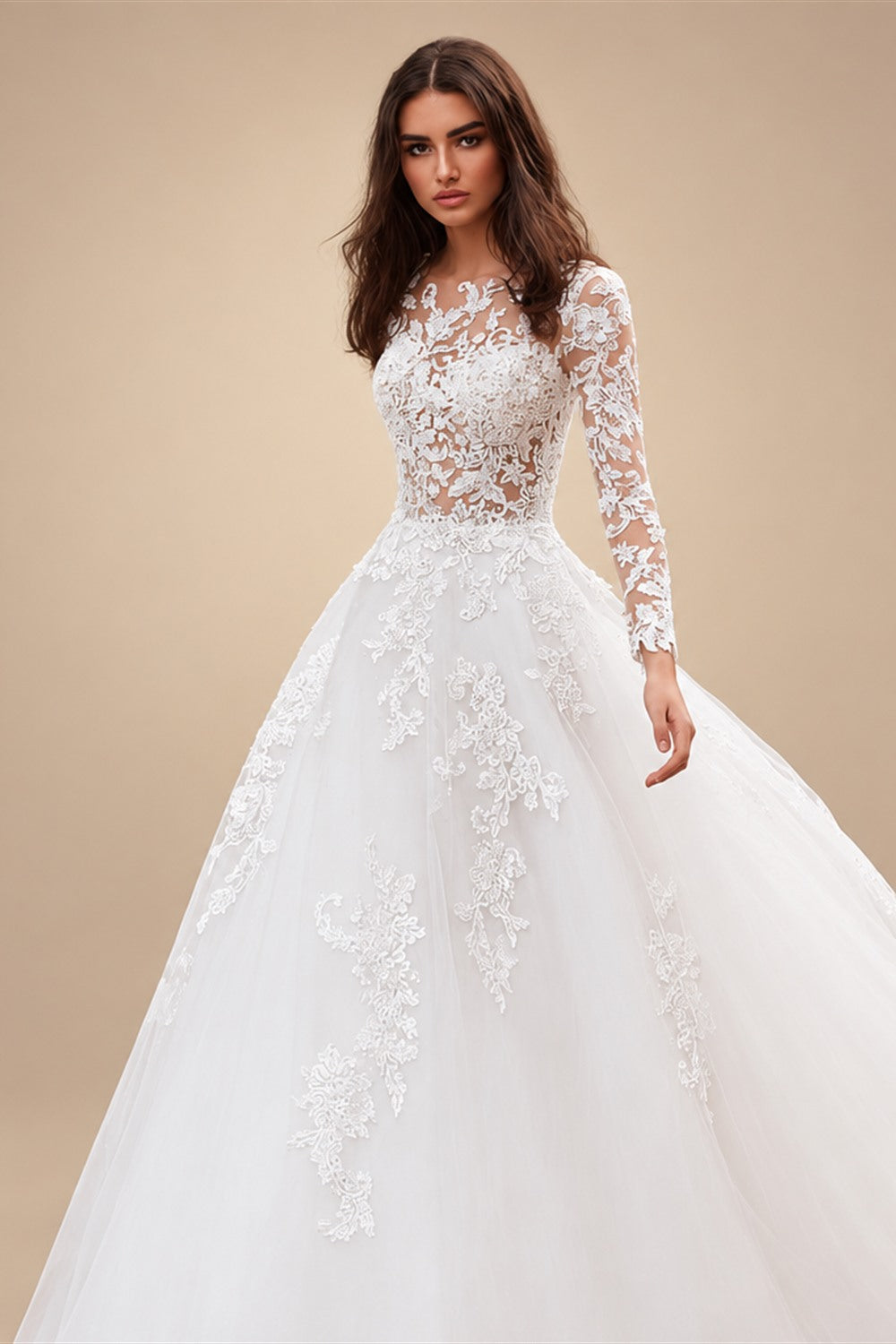 Attractive Tulle Jewel Neckline See-through Bodice A-line Wedding Dress With Lace Appliques & Beadings Long Sleeves Bridal Dress