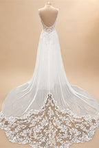 Custom Boho Chiffon Wedding Dress Long Open Back V Neck Lace Appliques Gown