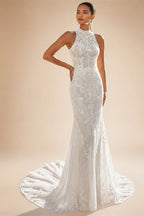 Exquisite Lace Mermaid Wedding Dress 2026 Tulle Detachable Train Bridal Gowns Halter Backless Wedding Gown Customized