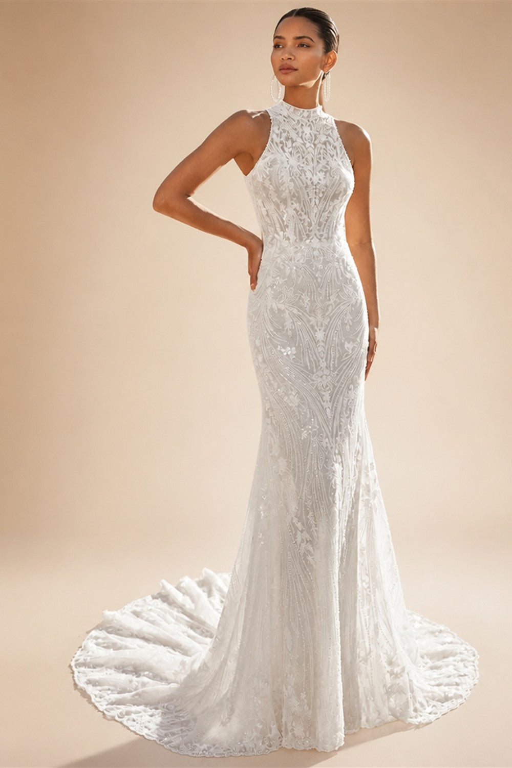 Exquisite Lace Mermaid Wedding Dress 2026 Tulle Detachable Train Bridal Gowns Halter Backless Wedding Gown Customized