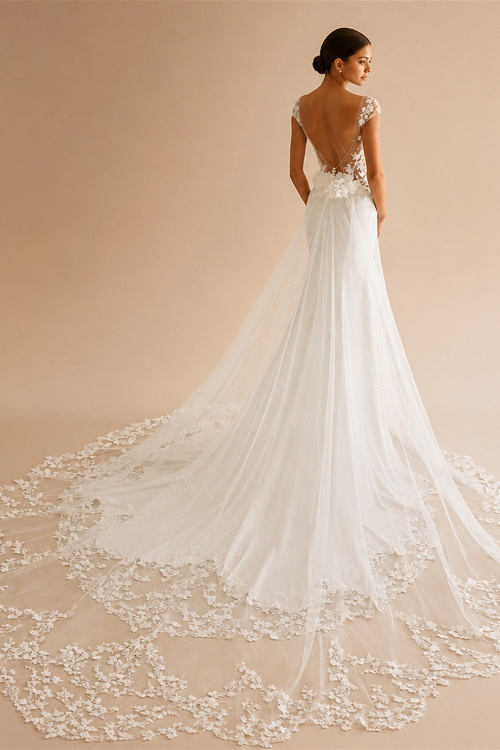 RoyceBridal Cap Sleeve Lace Mermaid Wedding Dress Low Back 3D Floral Appliques Bridal GownVestido De Novia Boda Customized