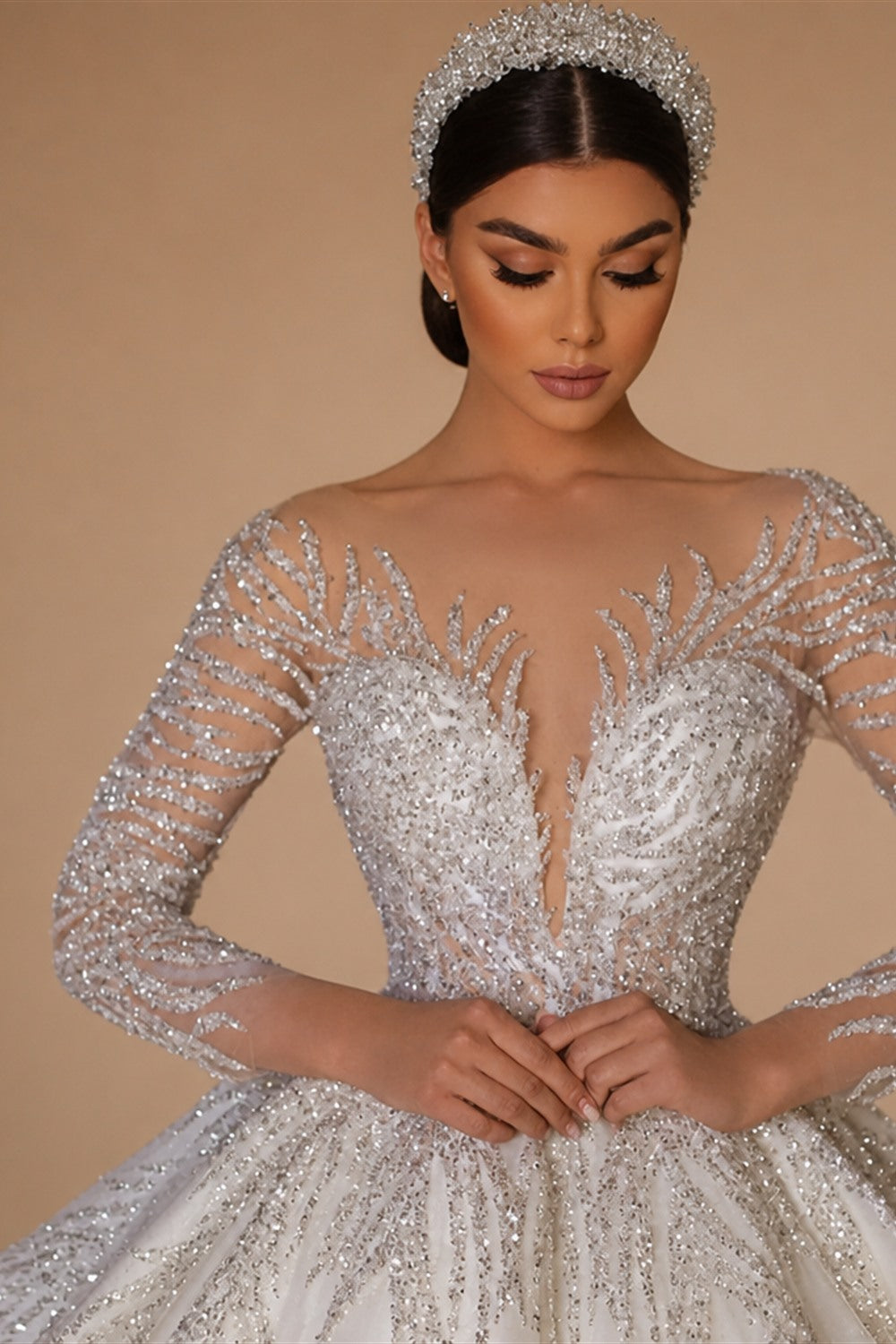 Customized Long Sleeve Shiny Ball Gown Wedding Dresses Sequined Princess Bride Gown Vestido de novia boda amanda novias oficial