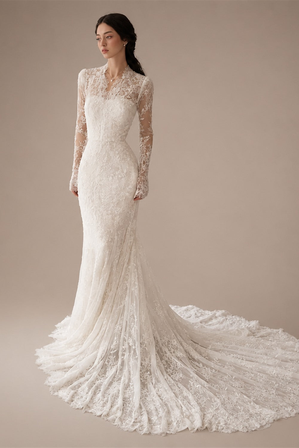 Elegant Ivory Lace High Neck Long Sleeve Train Mermaid Wedding Dress with Veil ZP108