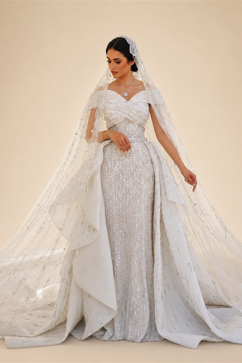 Luxury White Off-the-Shoulder Train Wedding Dress with Veil ZP153