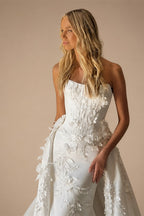 Romantic White Strapless 3D Floral Lace Mermaid Wedding Dress with Overskirt ZP090