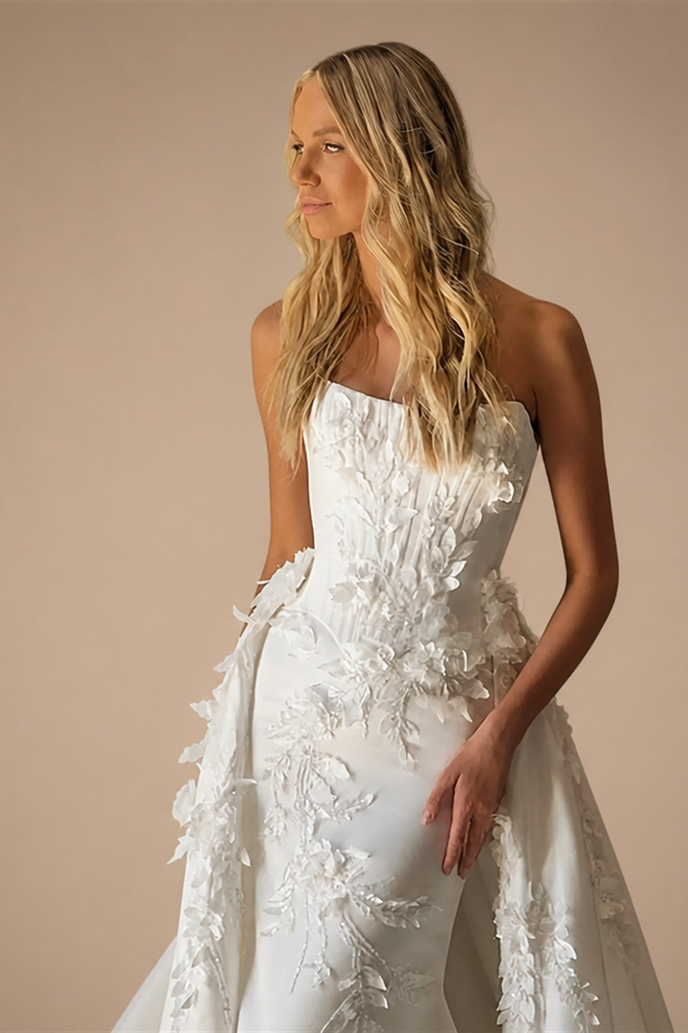 Romantic White Strapless 3D Floral Lace Mermaid Wedding Dress with Overskirt ZP090
