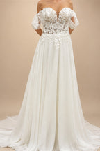 Lace And Chiffon Off Shoulder Cap Sleeve Mermaid Wedding Dress For Bride