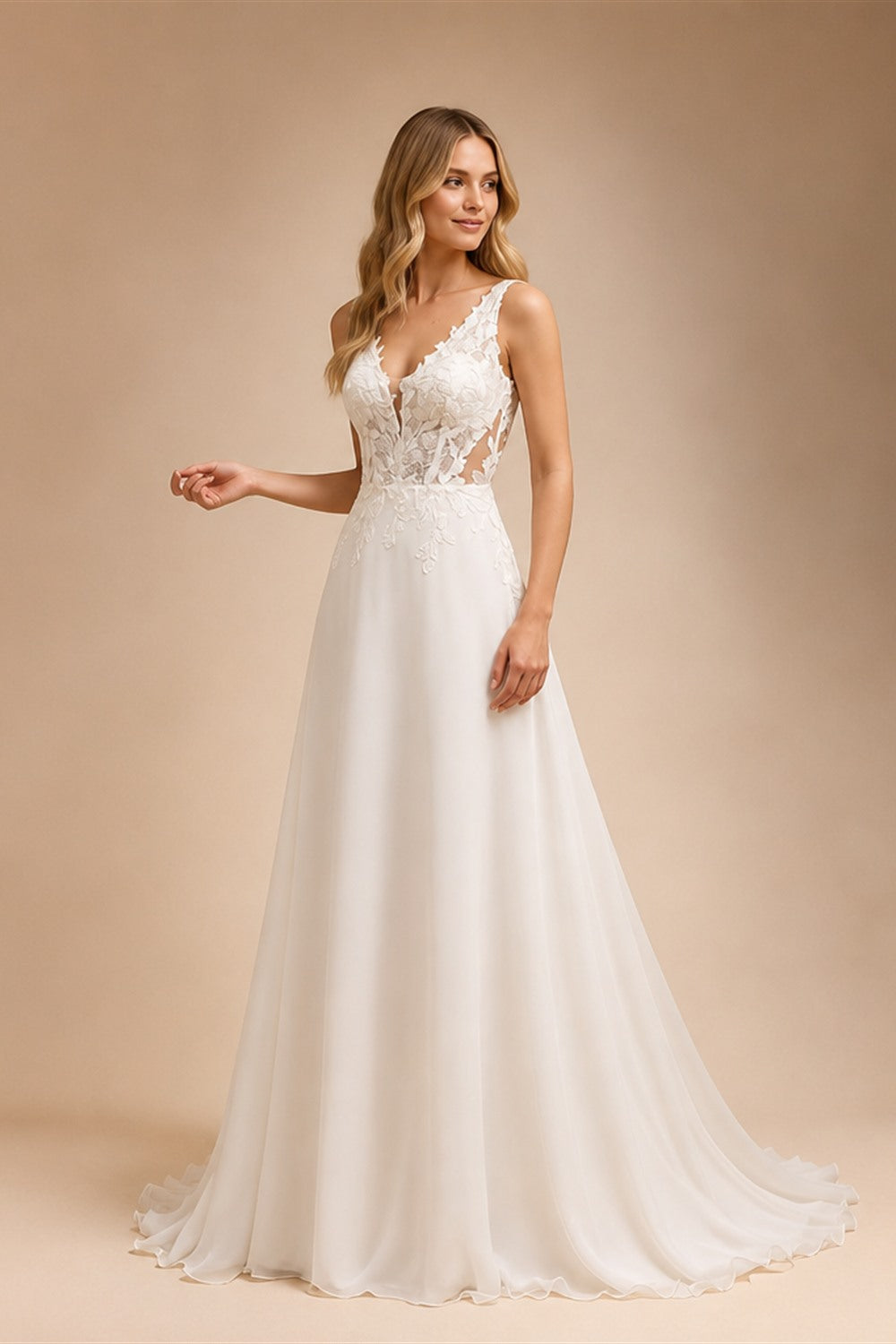 Boho A Line Chiffon Wedding Dress Sleeveless Deep V Lace Sheer Back Buttons Sweep Train Beach Bridal Gown Custom Vestido Novia