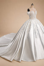 Luxury White Off-the-Shoulder Lace Satin Ball Gown Wedding Dress ZP069