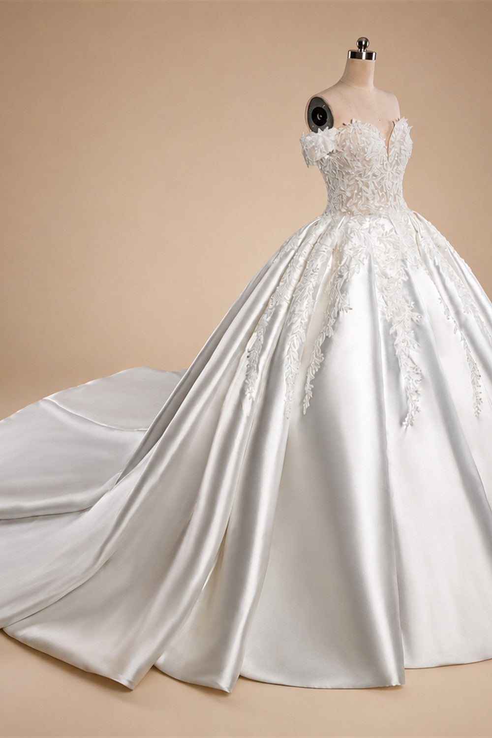 Luxury White Off-the-Shoulder Lace Satin Ball Gown Wedding Dress ZP069